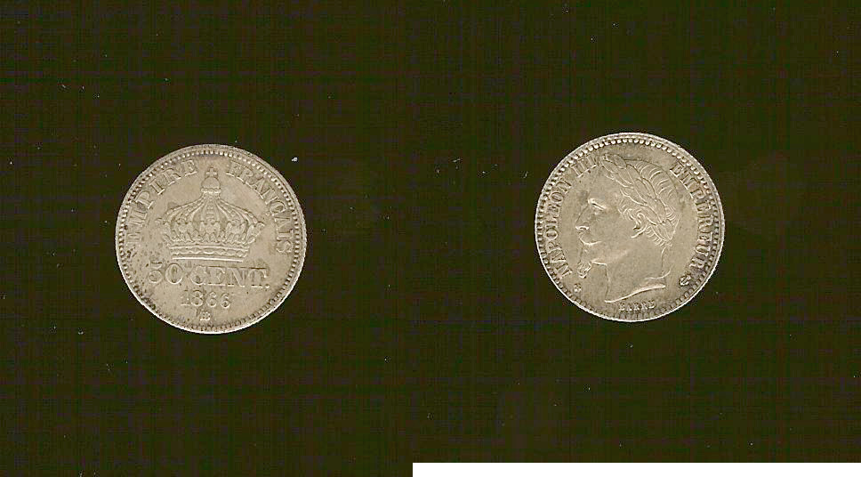 50 centimes Napoléon III, tête laurée 1866 Strasbourg SUP+
